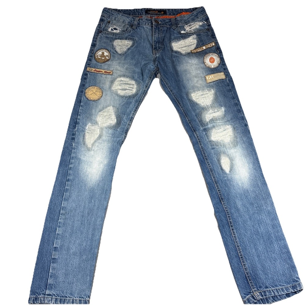 Copper Rivet Mens 34X34 Distressed Patched Blue Jeans Straight Leg Biker Denim